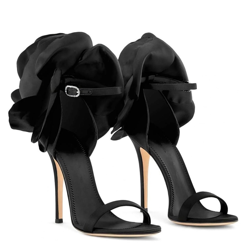 Black Flower Ankle Strap High Heels